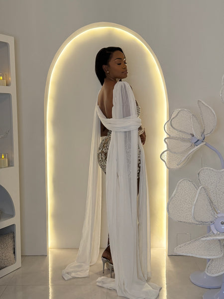 Athena mini  crystal dress with flowy attached drapes