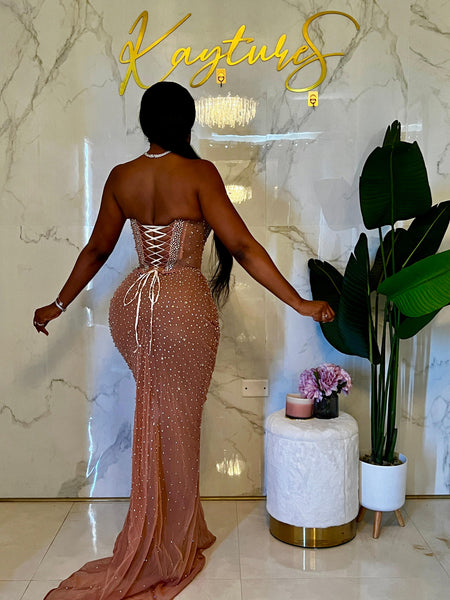 Iman crystal corset nude dress